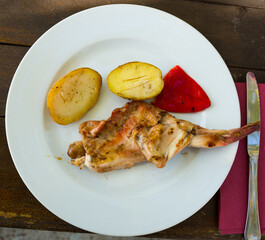 Top view of appetizing grilled rabbit thigh with vegetable garnish of baked potatoes and red bell pepper..