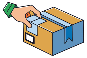 Hand placing a small green package on top of a larger cardboard box in a minimalistic vector illustration design perfect for logistics or shipping themes