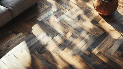 Interior wooden flooring with sunlit shadows.