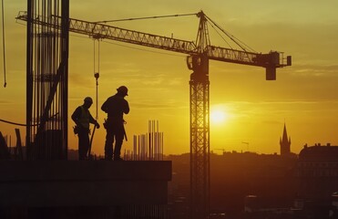 Construction workers silhouetted against a golden sunset at a high-rise building under construction.  A crane dominates the backdrop