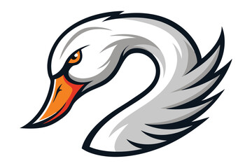 Elegant swan portrait with stylized white and gray plumage curves gracefully against a white backdrop