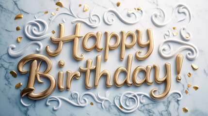 Obraz premium Elegant happy birthday calligraphy design with gold and white ornate details for celebration cards