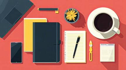 Modern workspace with coffee cup, notebook, and phone