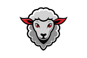 Fierce white sheep head looks boldly ahead with its striking red eyes and ears