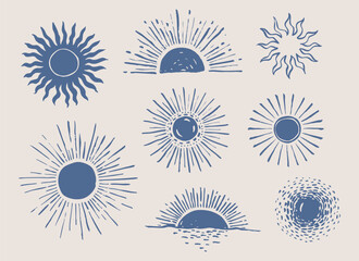 Sun doodles set. Boho drawings. Hand drawn illustration of sunset. Graphic background elements.