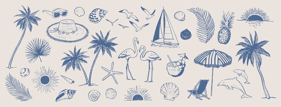 Summer beach doodles. Coastal vacation drawings. Hand drawn illustration of palm trees, sun, boat and seashells. Graphic background elements.