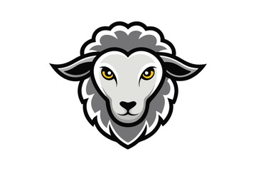 A sheep head with gray wool and golden eyes looks directly forward calmly