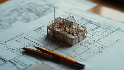 Architectural model of a small house sits atop detailed blueprints, with pencils nearby