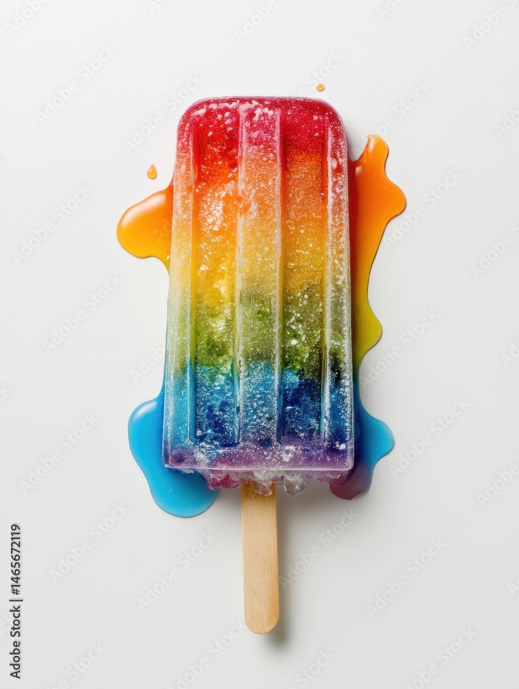 Poster melting rainbow popsicle on a white surface creating vibrant colorful drips generative ai