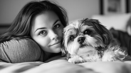 Portrait of a young woman with a cute Shih Tzu dog on a bed, black and white photography