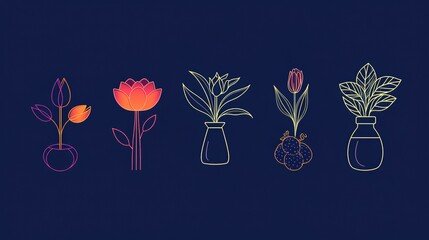 Set of vector illustrations in a line art style with minimalistic floral elements, tulips, and a vase isolated on a dark blue background