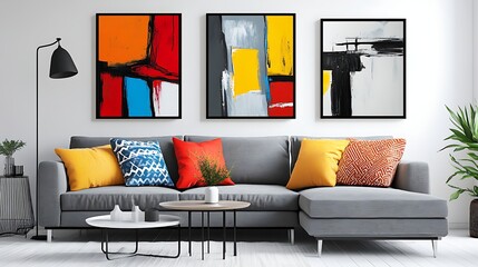 Modern abstract art prints displayed in a contemporary living room.