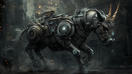 Fototapeta premium Mechanical centaur action steampunk fantasy art clockwork design dark environment artistic viewpoint imagination unleashed. [Industrial Fairytales] | Welded Wonders | metal centaur. Illustration