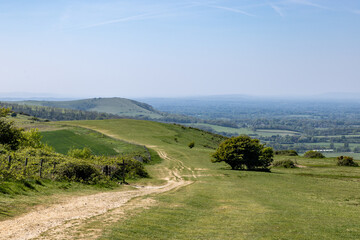 A view along the South Downs Way on Ditchling Beacon, on a sunny spring day