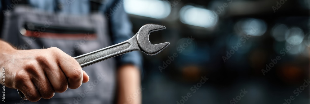 Fototapete Mechanic Displaying a Wrench in a Busy Garage Setting With Tools and Equipment in Background Blur Generative AI