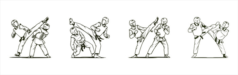 Black and white vector illustration of taekwondo athletes in action. Two intense fighting scenes showing powerful high kicks during martial arts competition. Perfect for combat sports themes.