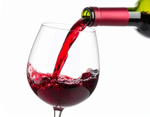 Red wine, pouring in a wine glass from the bottle over white background
