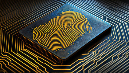 Close-up of digital fingerprint on a futuristic circuit board representing biometric data and cybersecurity concept