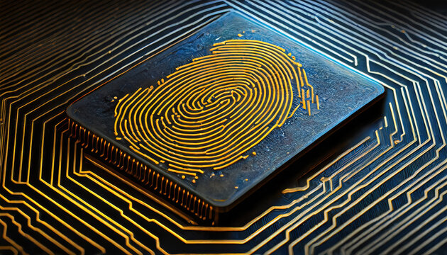 Close-up of digital fingerprint on a futuristic circuit board representing biometric data and cybersecurity concept
