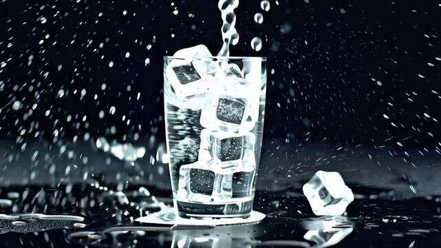 A hyper-realistic slow-motion video of a clear glass filled with fizzy soda, sitting on a reflective surface.