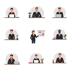 Flat vector illustrations of diverse office workers in business attire at desks and presentations