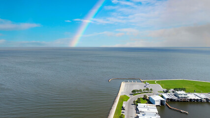 aerial shot of the vast rippling waters of Lake Pontchartrain in New Orleans Louisiana USA