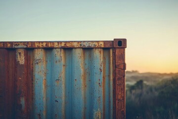 Rustic, weathered shipping container corner at sunset, showing age and texture.