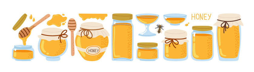 Various honey jars and drizzles displayed in a colorful arrangement on a white background