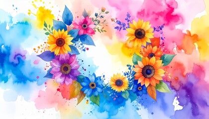 Abstract border frame of flowers painting with summer flowers sunflowers background graphic resource