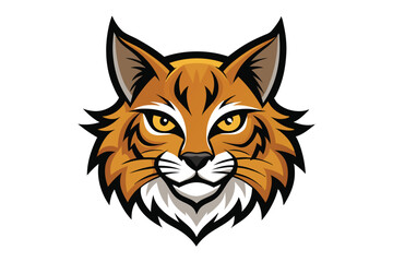 Cartoon bobcat head is shown in with striking yellow eyes and orange fur