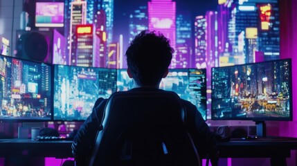 Naklejka premium Gamer Playing on Multiple Monitors Immersed in Cyberpunk Cityscape