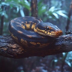 Naklejka premium Coiled snake on branch, rainforest setting