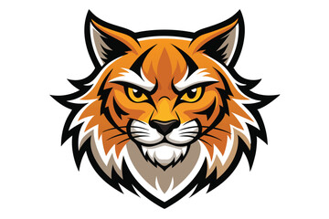 Cartoon bobcat head with striking yellow eyes creates an intense stare on white