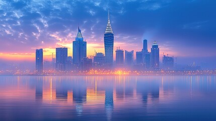 Obraz premium City Skyline Reflection at Dawn Over Water with Foggy Atmosphere