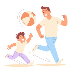 Fototapeta premium Happy father and son playing with a ball. Joyful family time, outdoor activity. Vector flat hand drawn illustration for parenting, childhood, family fun, Father's Day concept. Isolated background.