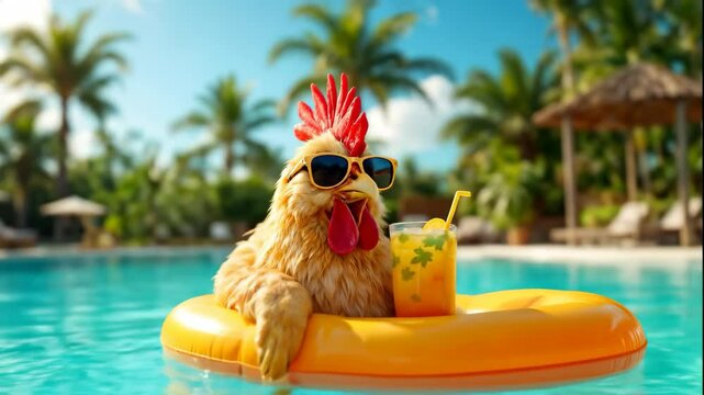 Cool chicken floating in pool with sunglasses - funny summer video. Tropical Fowl Fiesta: Chicken Chillout
