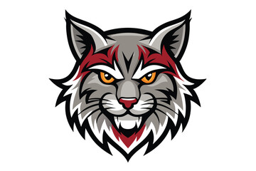 Gray bobcat head with red markings displays its sharp teeth in a mascot style