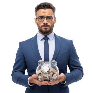 Confident businessman holding a transparent piggy bank filled with coins against an isolated background