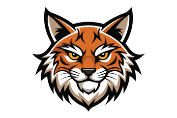 Striking bobcat head displays sharp, golden eyes with striped, orange fur in detail