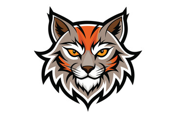 Focused bobcat head with vibrant orange eyes and stripes stares intently forward on a white backdrop