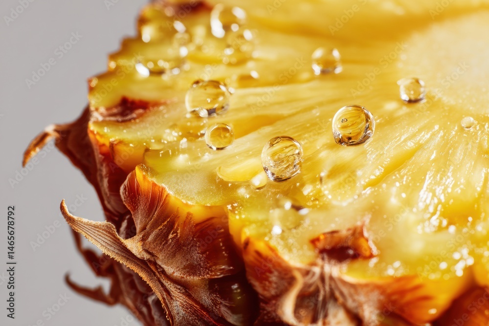Poster sunbeam highlights juicy edge of fresh pineapple slice with glistening droplets generative ai