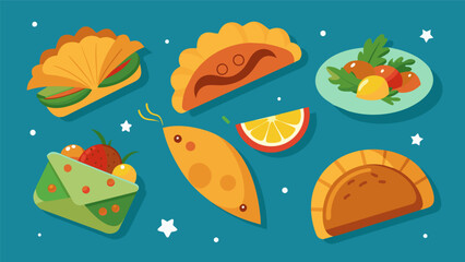 A diverse selection of empanadas including traditional options like beef and potato as well as more adventurous fillings like shrimp and avocado.. Vector illustration