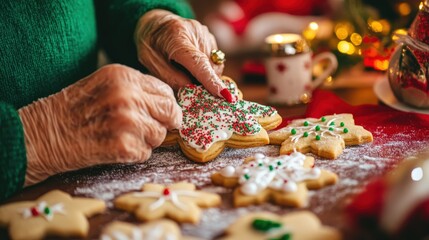 Elderly hands decorate festive Christmas cookies.