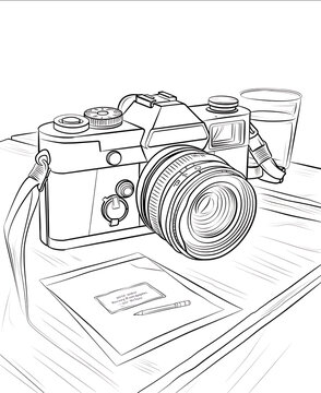 Coloring page for kids Premium VectorCartoon style 6d camera and post card on the table minimalist dramatic angle photo realistic vector illustrationblack thin lin