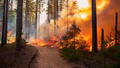 wildfire burning in dense forest with tall trees thick smoke glowing flames orange sky and dirt path through woodland