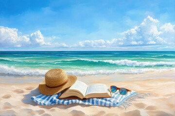 Obraz premium Beach scene with book, hat, and sunglasses for summer relaxation and vacation planning, travel blogs, and tourism marketing