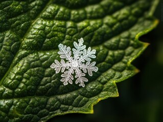Intricate snowflake on a vibrant green leaf, capturing winter's delicate beauty in a macro shot.