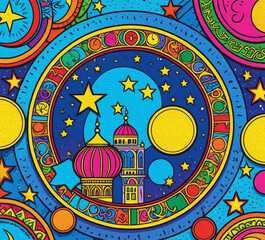 Printable pattern for wall decorations, covers, wallpapers, greeting cards on the occasion of a Muslim holiday. Ramadan . Oil painting