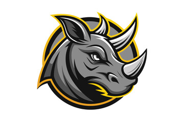 Gray rhino head stares intensely with a yellow circle around it on white