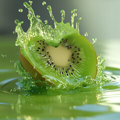 Fresh green kiwi fruit slice in clear water creates a juicy splash, showcasing its freshness